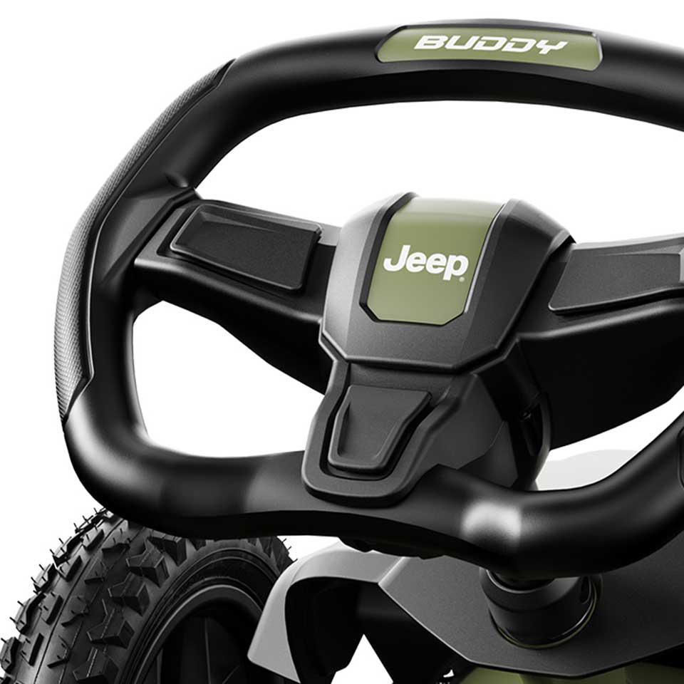 Ansicht des Lenkrads des BERG Buddy Jeep Wrangler Pedal-Gokart