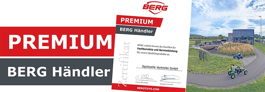 Zertifikat Premium BERG Händler: BERG verleiht der Spielwelle Vertriebs GmbH (Spielheld) das Zertfikat für Fachkenntnis und Serviceleistung für unsere Qualitätsprodukte.